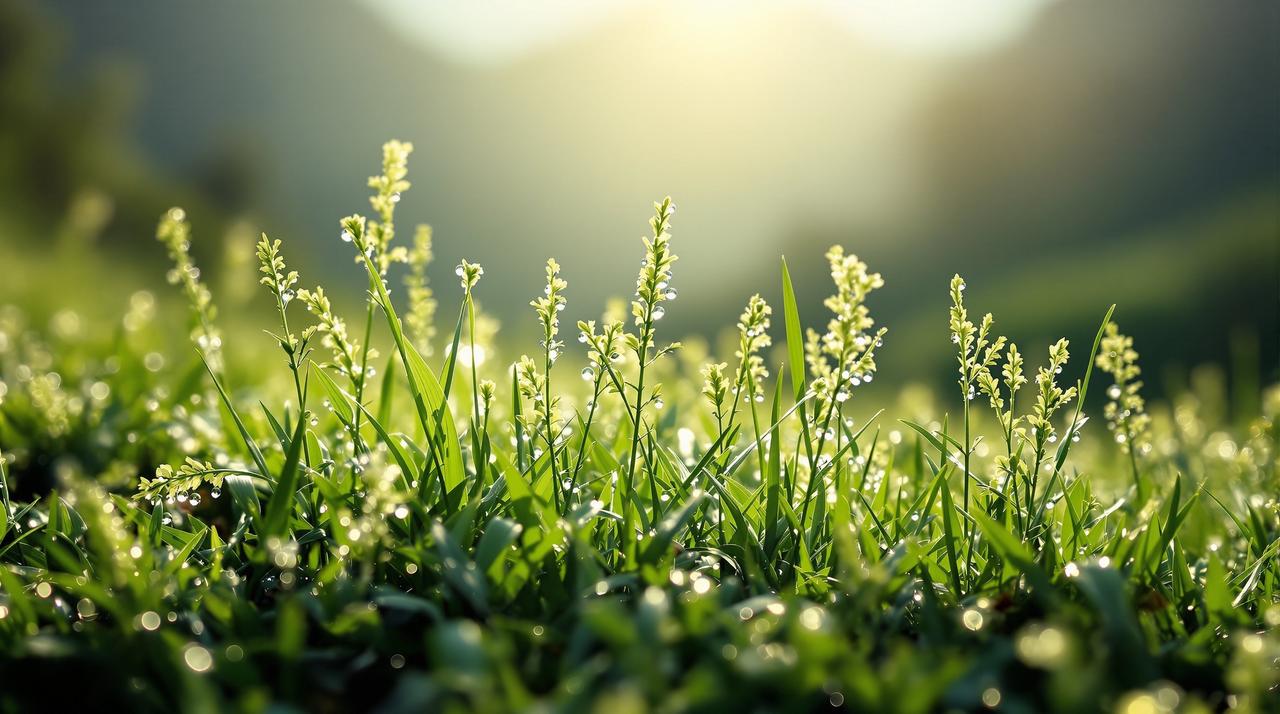 山间清晨的兰花草，露珠映着第一缕阳光